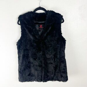 ADRIENNE LANDAU Black Faux Fur Lined Pockets Hidden Hook Closure Vest Medium